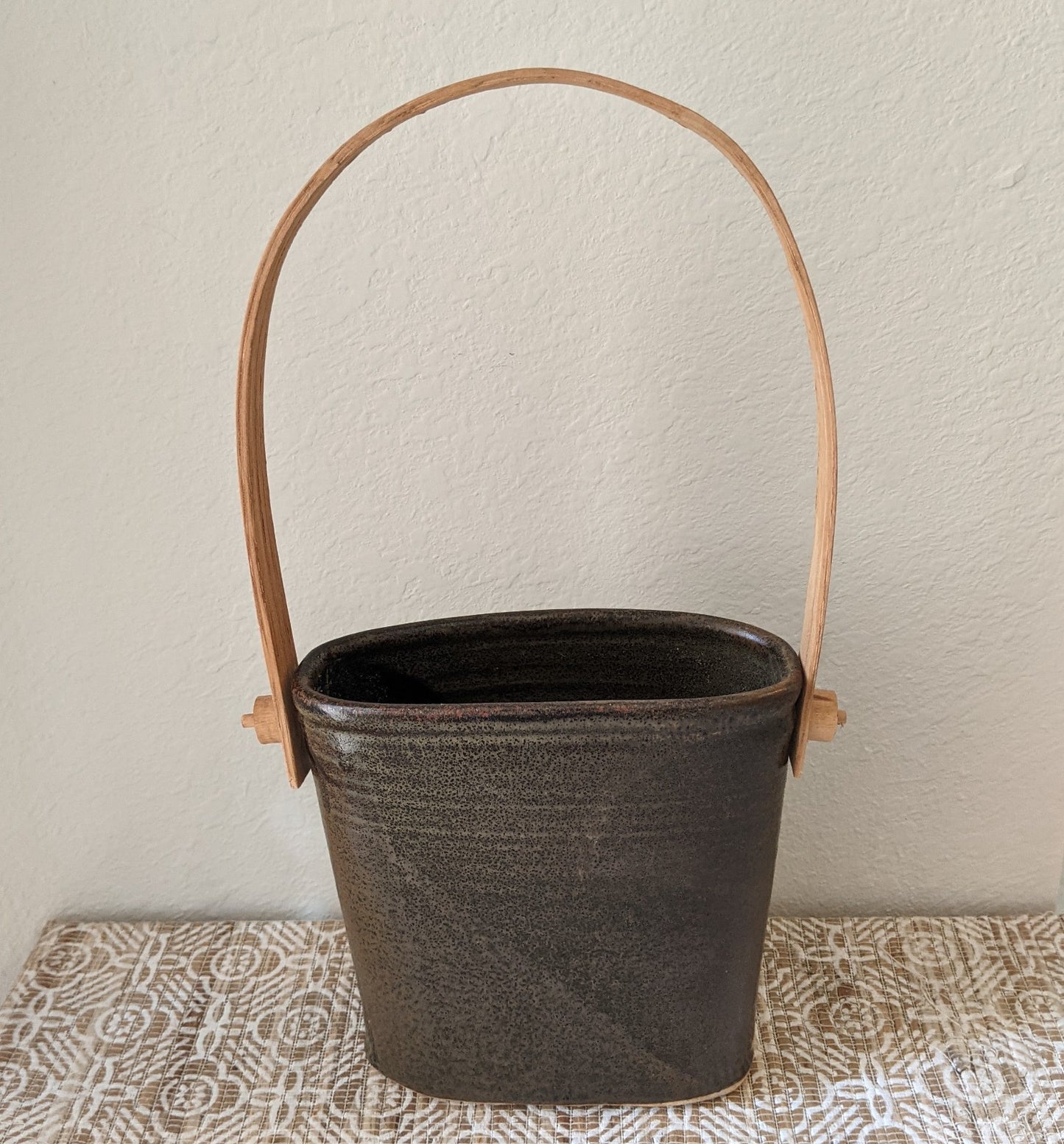 Pottery Basket with Wooden Handle