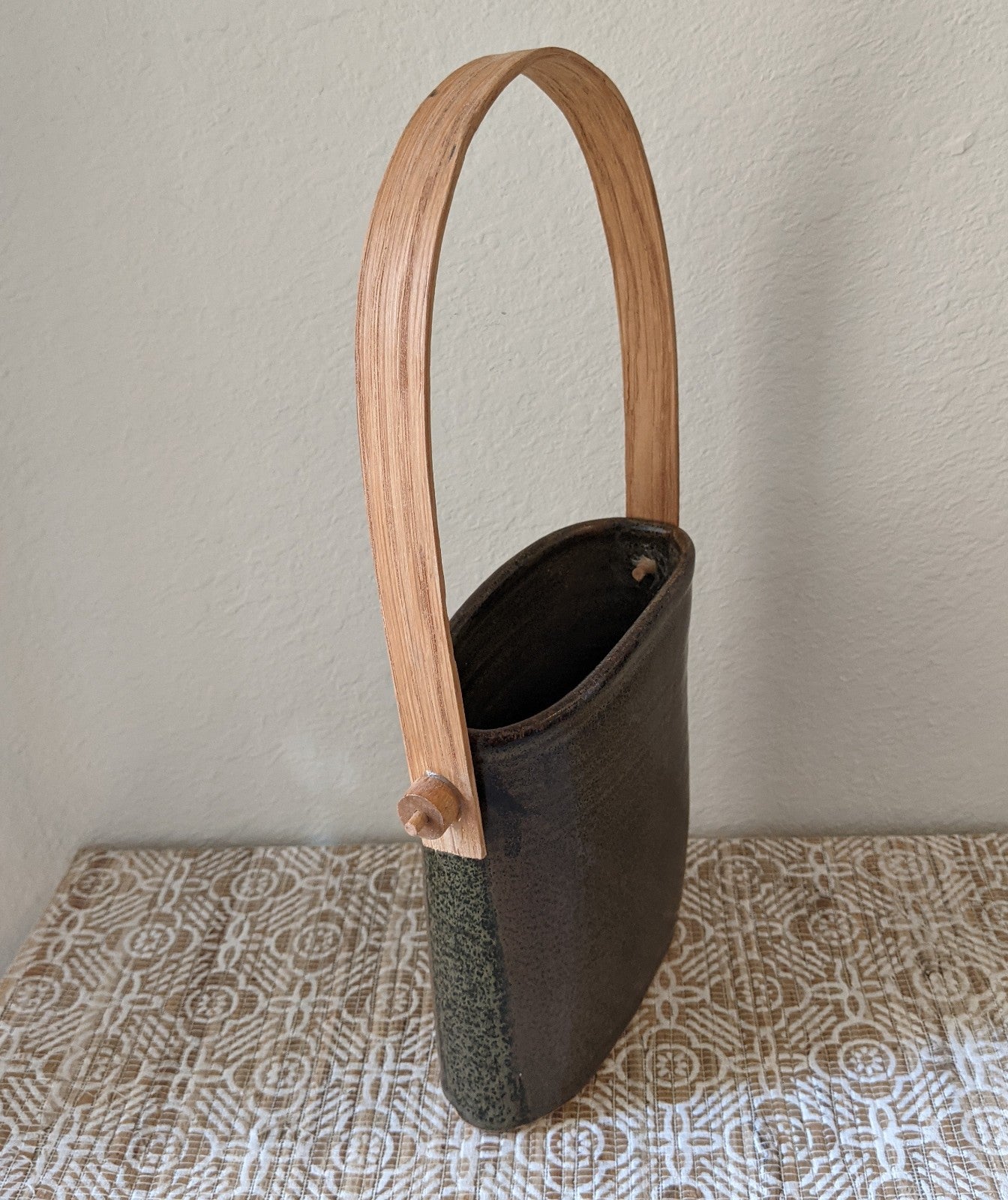 Pottery Basket with Wooden Handle