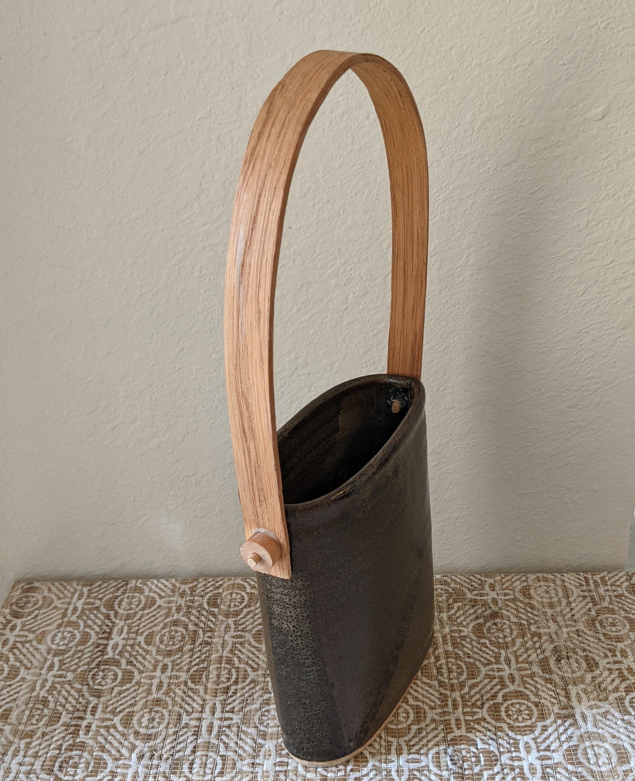 Pottery Basket with Wooden Handle