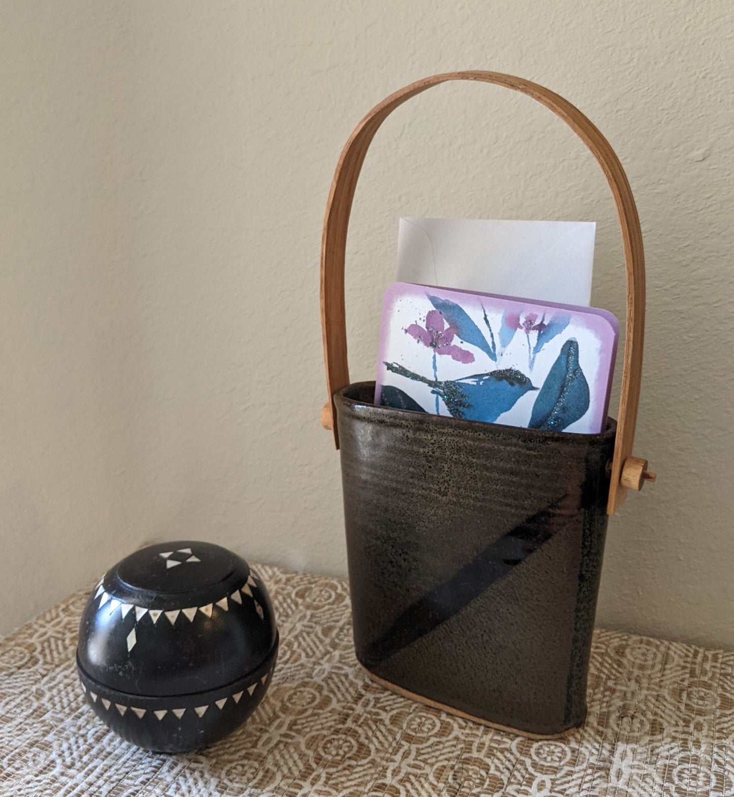 Pottery Basket with Wooden Handle