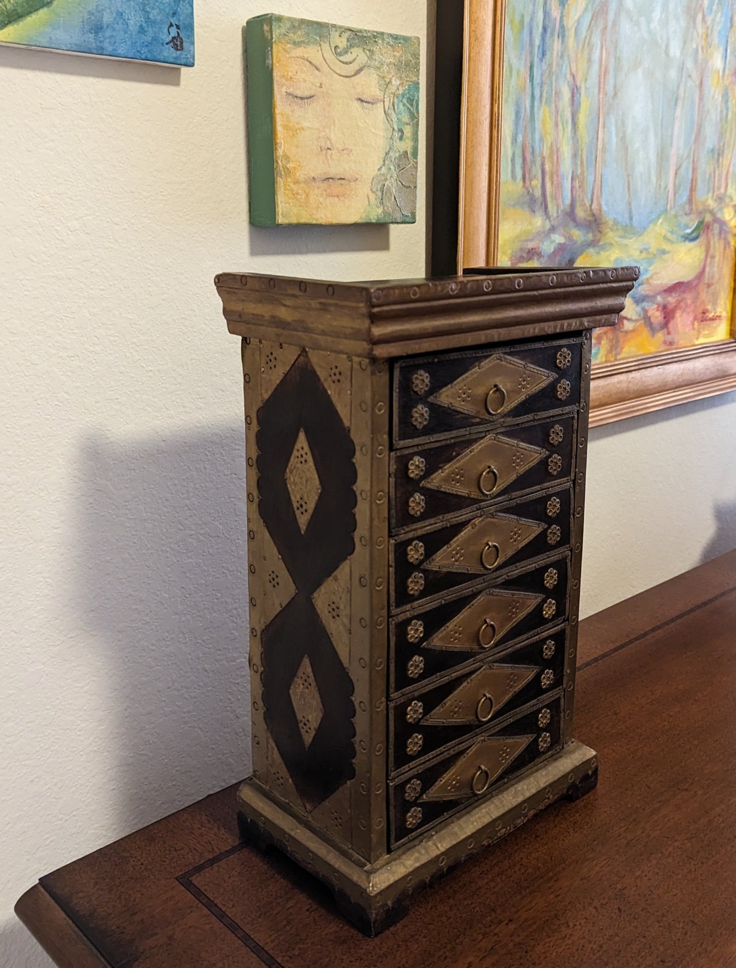 Wood and Brass Jewelry Box with Drawers