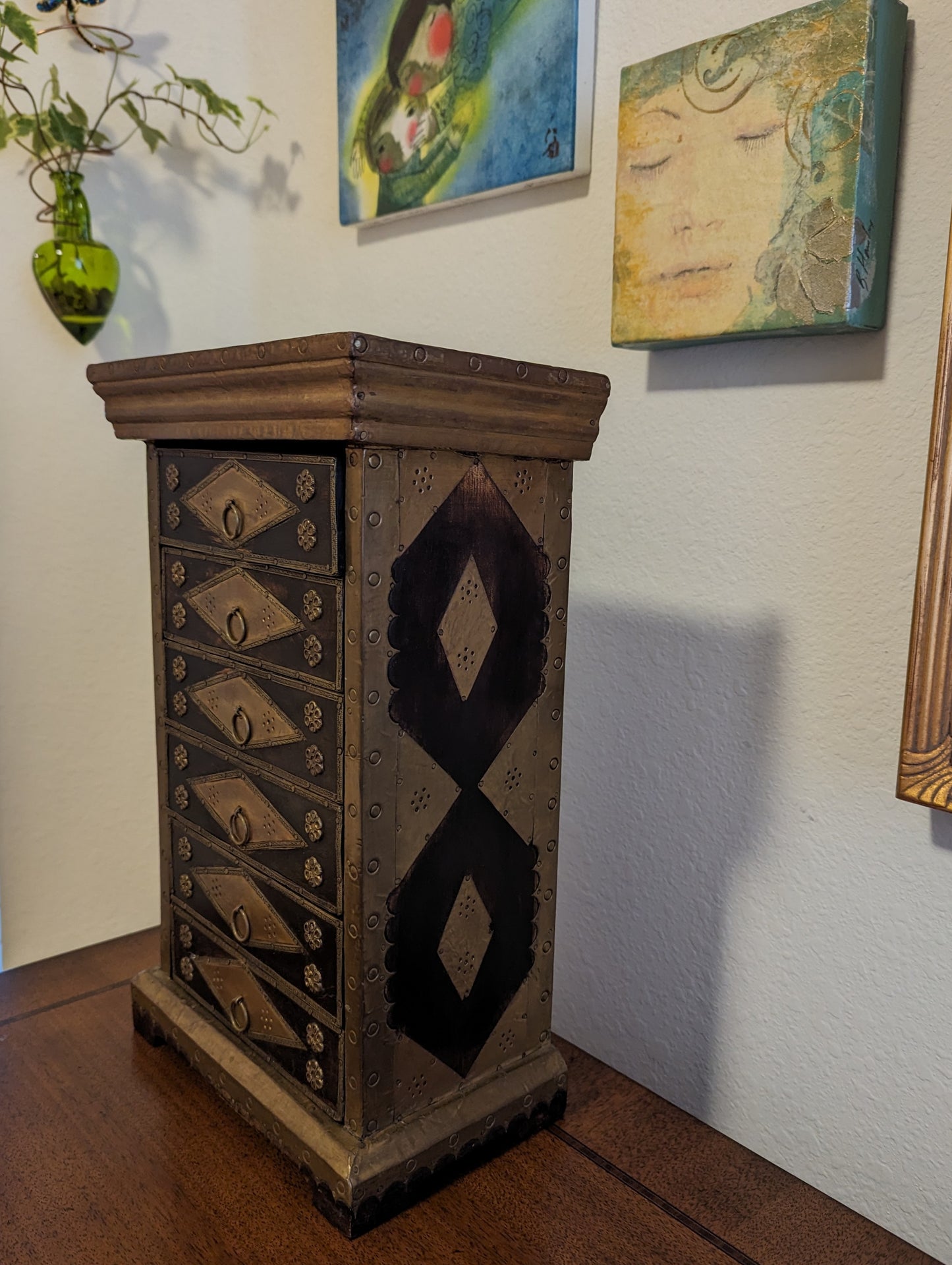 Wood and Brass Jewelry Box with Drawers