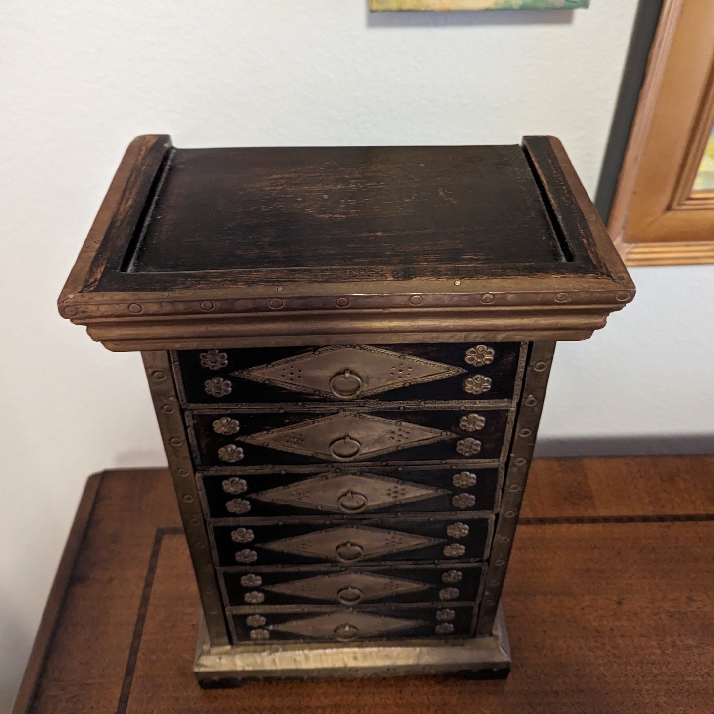 Wood and Brass Jewelry Box with Drawers