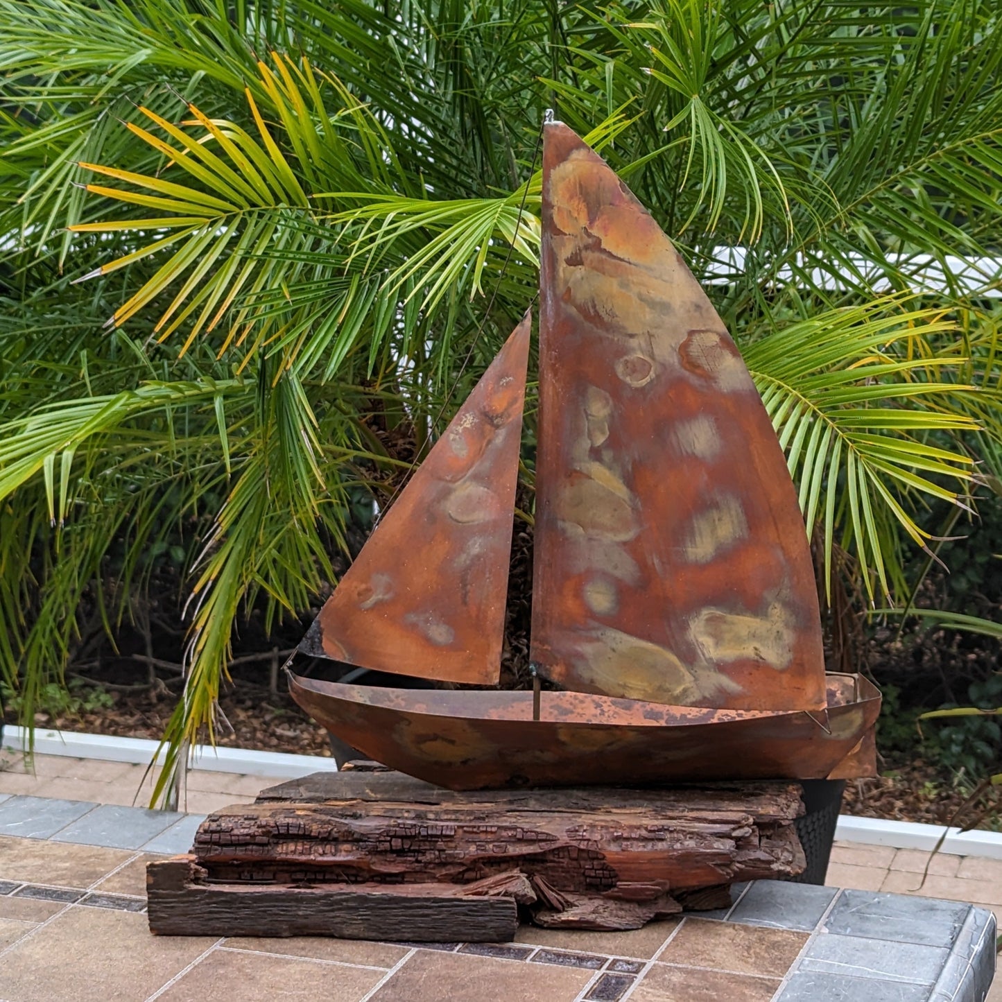 Copper Sailboat on Weathered Wood Sculpture