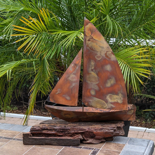 Copper Sailboat on Weathered Wood Sculpture