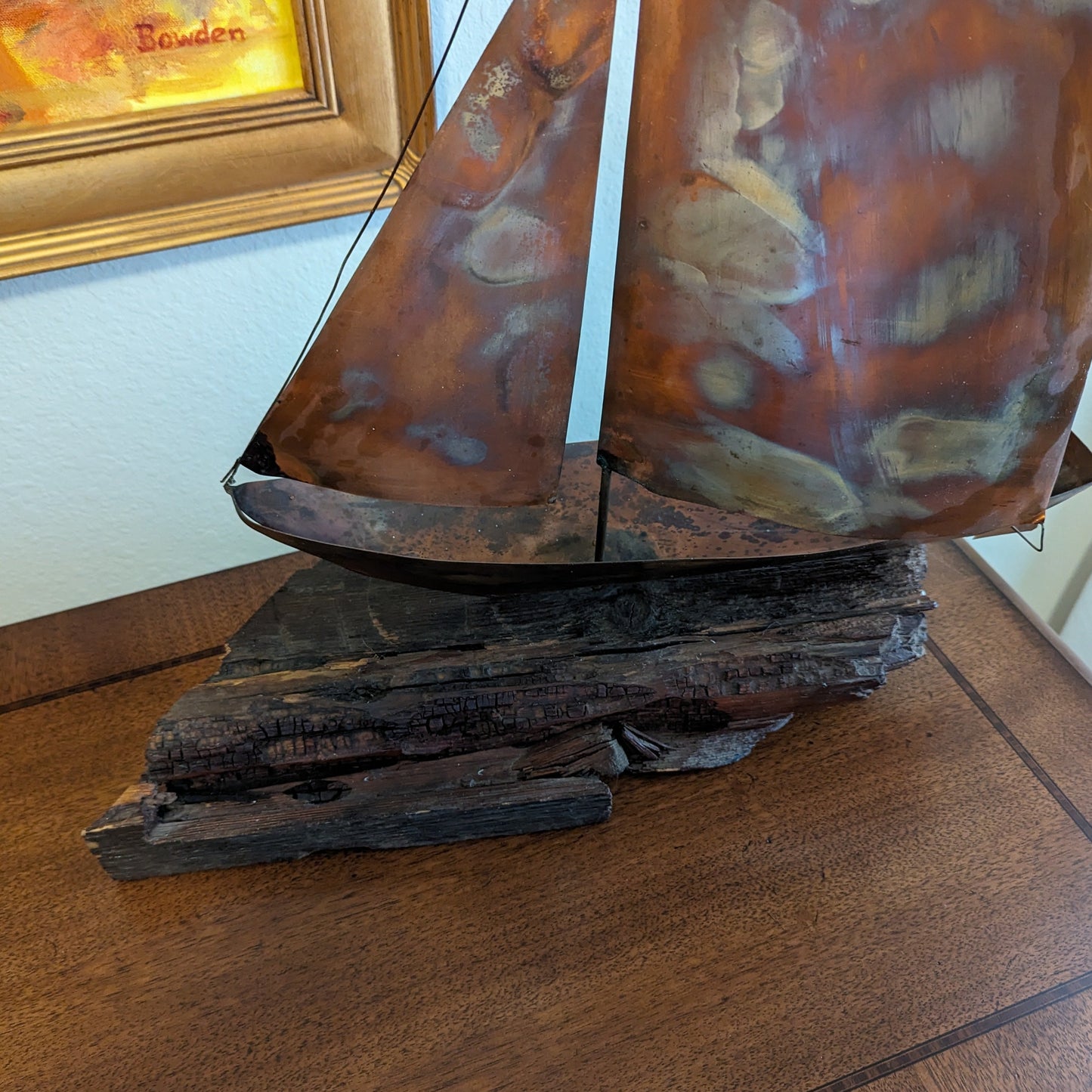 Copper Sailboat on Weathered Wood Sculpture