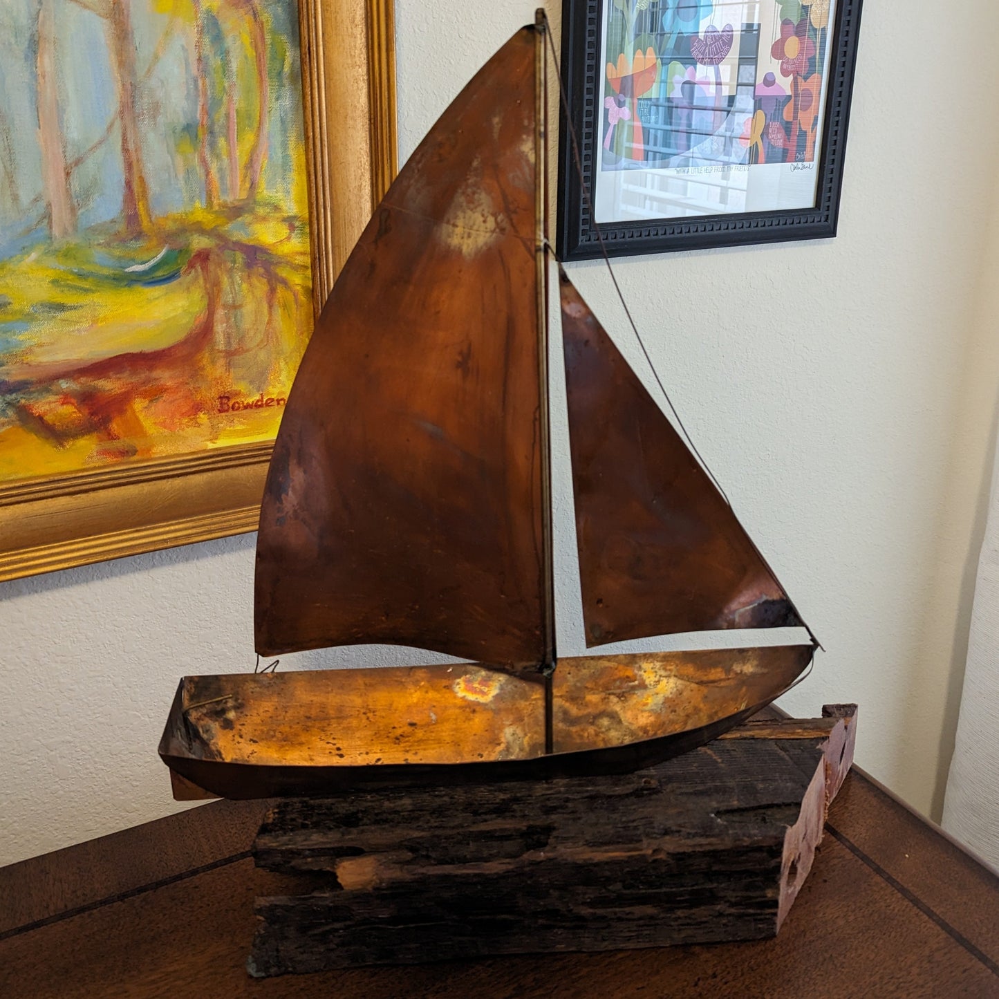 Copper Sailboat on Weathered Wood Sculpture