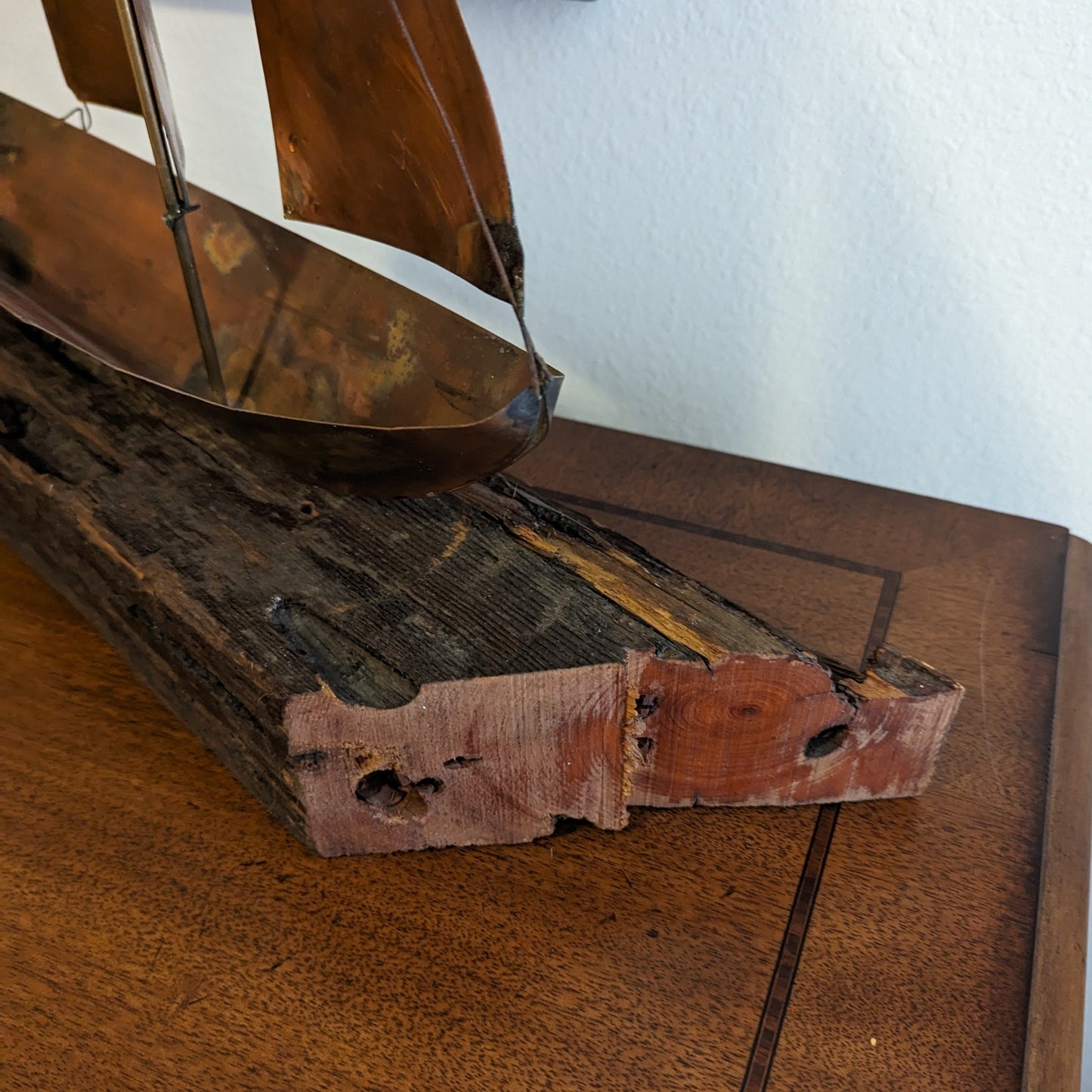 Copper Sailboat on Weathered Wood Sculpture