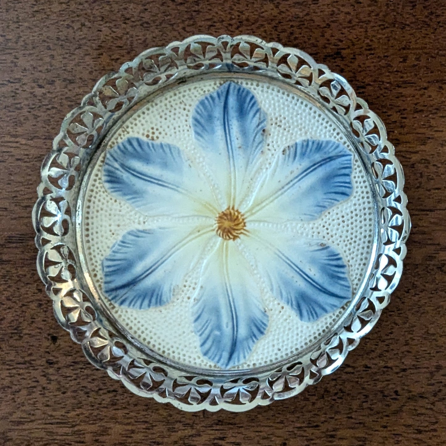 Antique Ceramic Coaster with Blue Flower