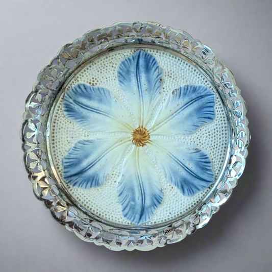 Antique Ceramic Coaster with Blue Flower